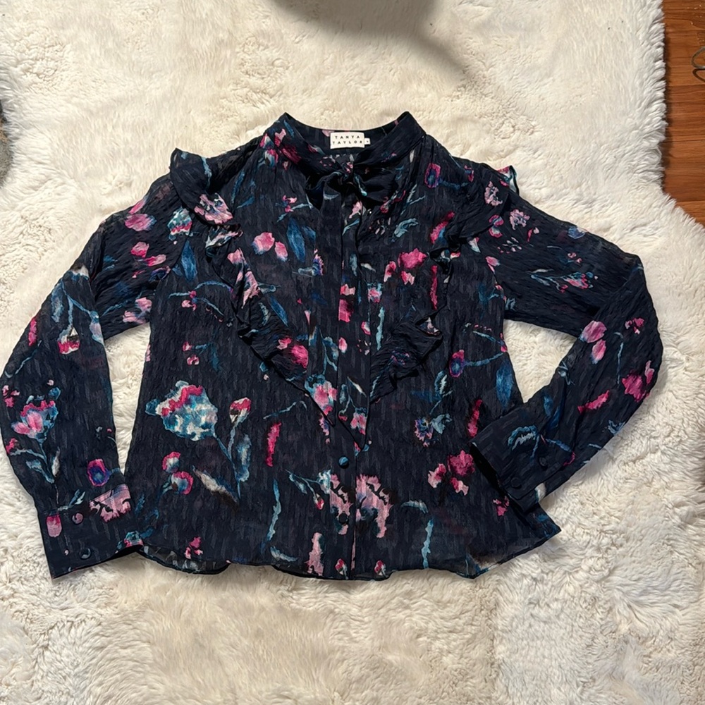 Tanya Taylor Long Sleeve Boho Floral Silk Top US6